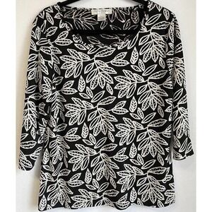 Rena Rowan Blouse Shirt Women Petite XL Black Botanical 3/4 Sleeves Crew Neck